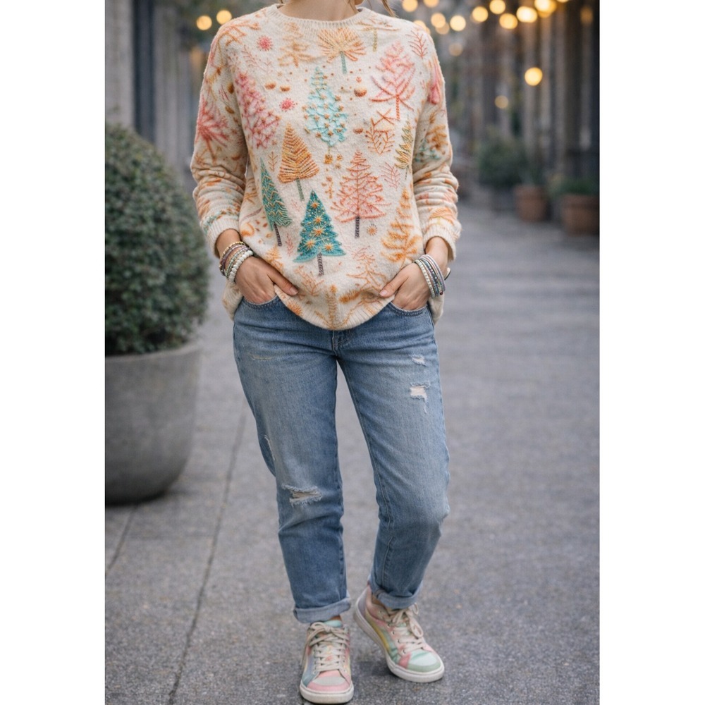 Womens Cream Pastel Christmas Tree Knit Sweater Soft 2XL Long Sleeve Curved Hem